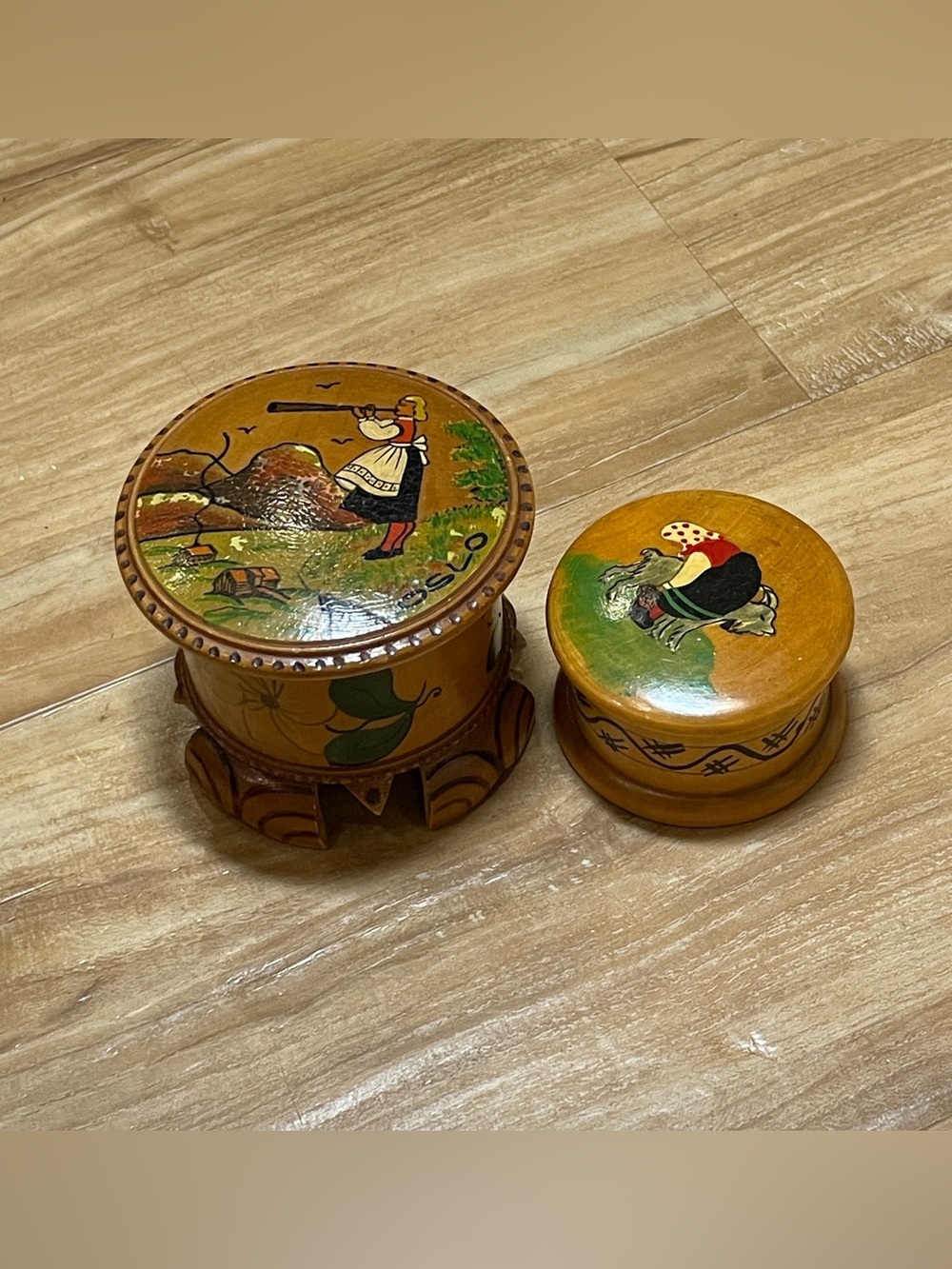 Vintage Norwegian Hand Painted Wooden Tine Boxes - Sogndal